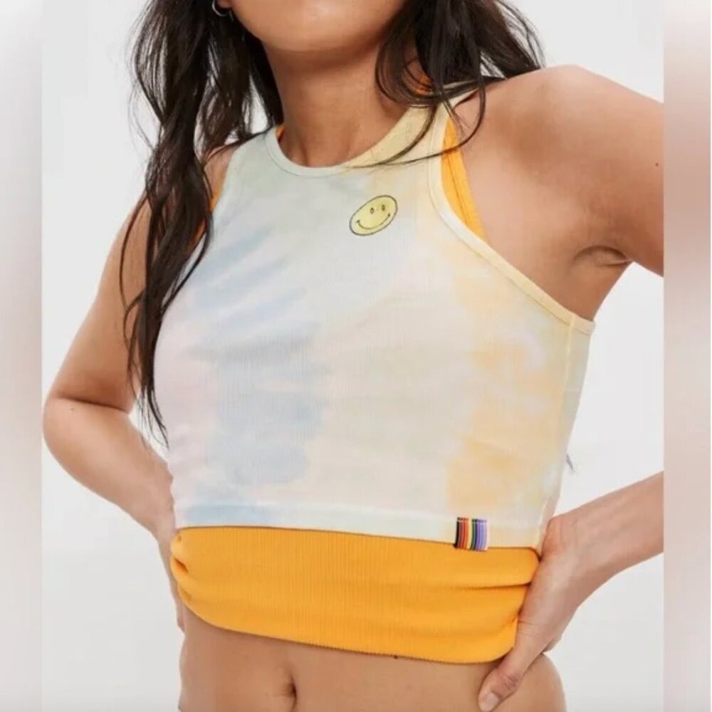NWT American Eagle Smiley Face Tie Dye Ribbed Crop Tank Top Small Festival Boho